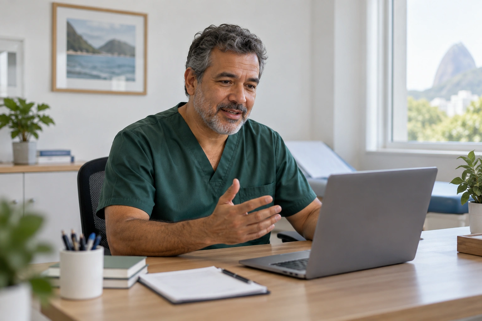 Cena ilustrativa gerada de um médico em consulta por vídeo