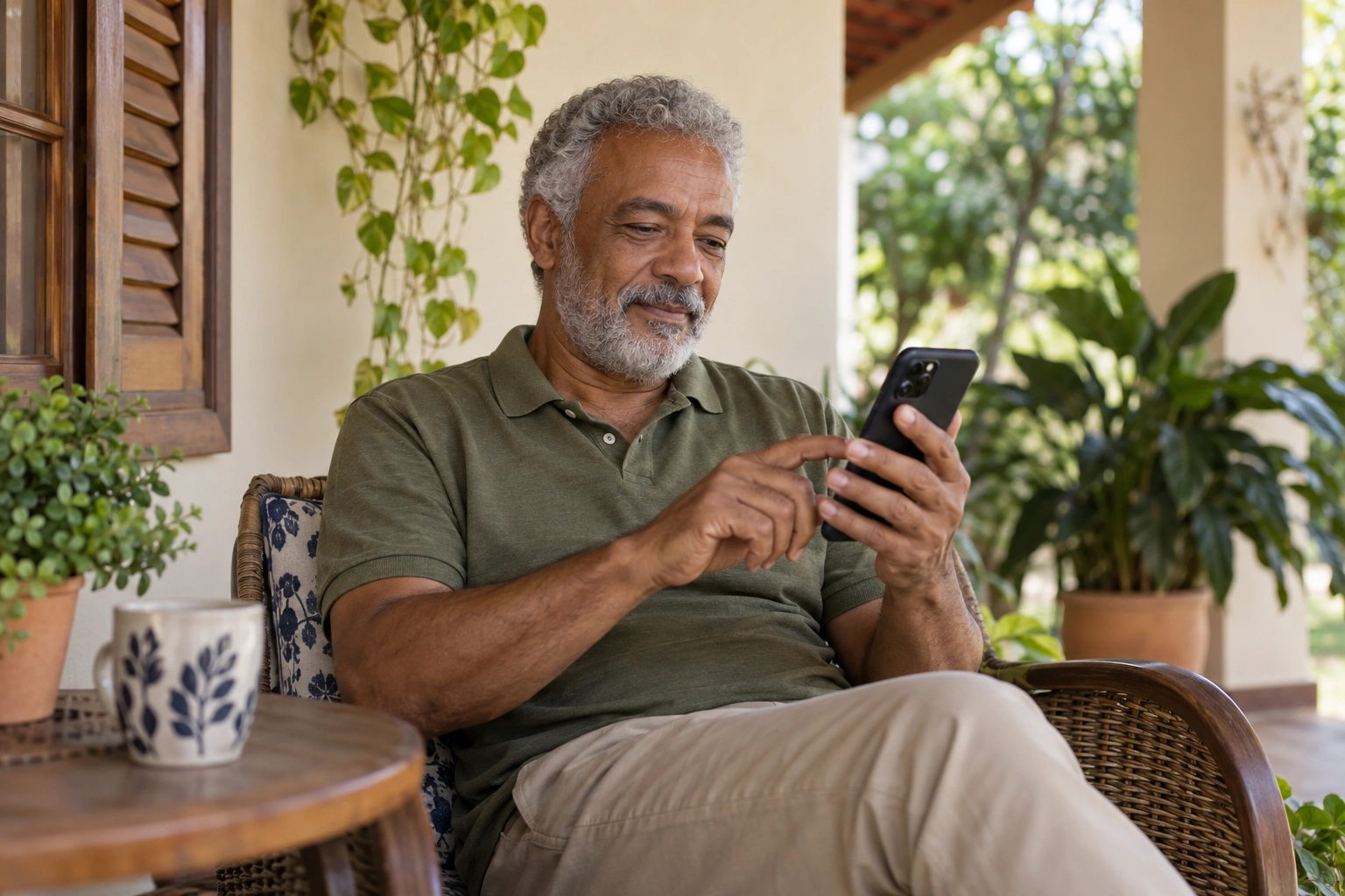 Cena ilustrativa gerada de um homem usando o celular em casa